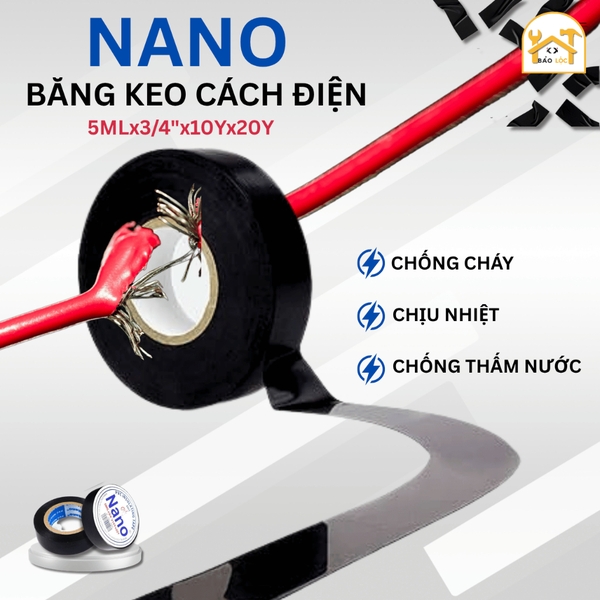 Băng keo đen cách điện Nano 0,12mmx18mmx20Yard - Chất liệu Rubber bám dính tốt, PVC tính đàn hồi cao.