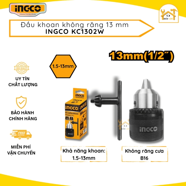 Đầu khoan không răng 13mm Key Chuck INGCO KC1302W, đầu máy khoan khả năng khoan 1.5-13mm, không răng cưa b16, kèm 1 khóa