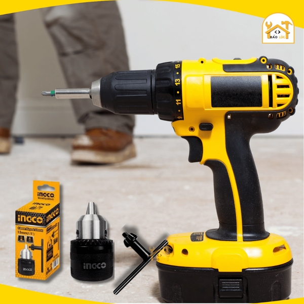 Đầu khoan không răng 13mm Key Chuck INGCO KC1302W, đầu máy khoan khả năng khoan 1.5-13mm, không răng cưa b16, kèm 1 khóa