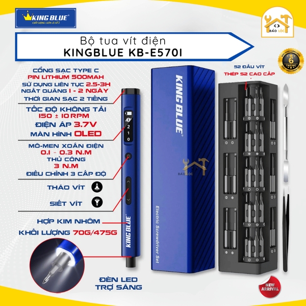 Kingblue Bộ Tua Vít Điện 57 Chi Tiết KB-E5701 - Hàng Chính Hãng, Đèn LED Trợ Sáng, Màn Hình OLED, 3.7V, 500mAh