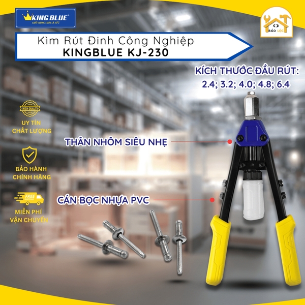 Kìm Rút Đinh Công Nghiệp KingBlue KJ-230 Kìm rút rive chiều dài 34cm thân thép, cán bọc nhựa PVC rút đinh 2.4-6.4mm
