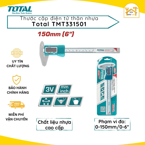 Thước kẹp điện tử TOTAL TMT331501 thân nhựa, phạm vi đo 0-150mm, pin 3A, thân nhựa Polyamide 66