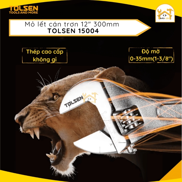 Mỏ lết cán trơn 300mm 12inch Tolsen 15004 , Chất liệu thép mạ Crom - Hàng chính