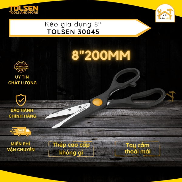 Kéo đa năng 8 inch/200mm TOLSEN 30045, chất liệu thép không gỉ, làm bếp, nội trợ, tách vỏ hạt, bền bỉ