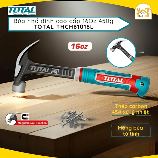 Búa Nhổ Đinh 16oz/450g TOTAL THCH61016L - Móng Búa Từ Tính, Thép Carbon 45#, Tay Cầm Sợi Thủy Tinh