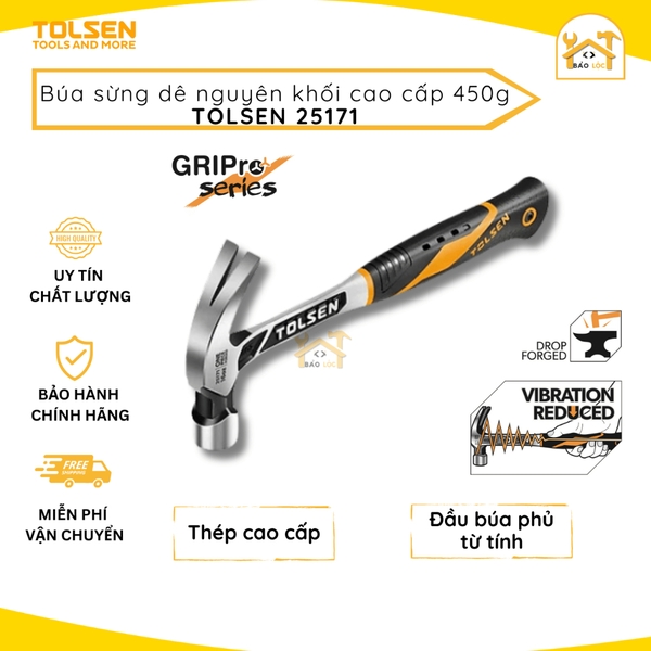 Búa sừng dê TOLSEN 25171 nguyên khối 16oz/ 454g, thép Carbon, búa nhổ đinh cán nhựa chống trơn trượt