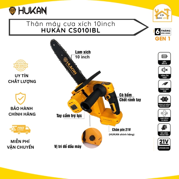 Máy cưa xích dùng pin 21V HUKAN HK-CS010iBL, Lam xích dài 10 inch, Công suất 850W HK Máy xây dựng