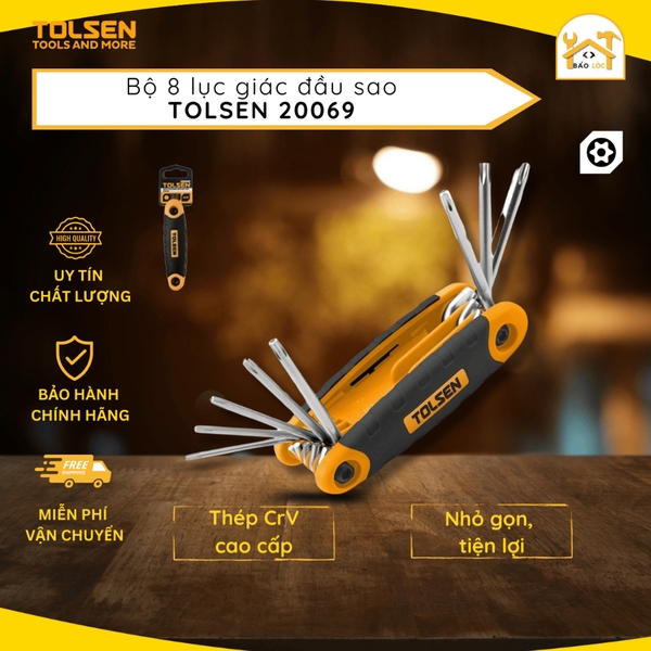 Bộ lục giác xếp gọn 8 cây đầu hoa thị , đầu sao, đầu bông thép Cr-V  Tolsen 20069 - Hàng chính hãng.