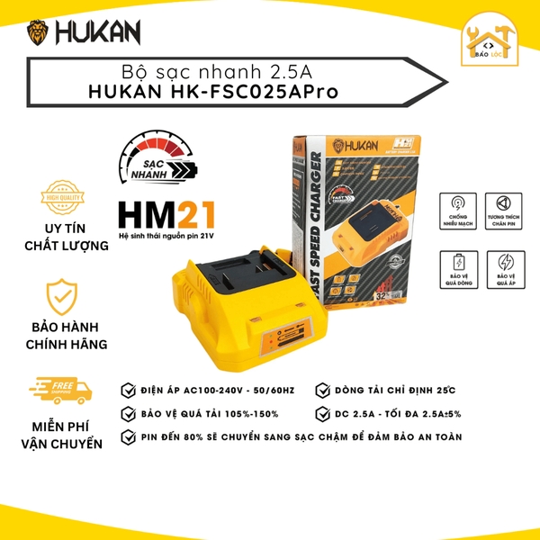 Đế sạc pin 21V Hukan HK-FSC025APro chân pin phổ thông, dòng sạc nhanh 2.5A, có đèn báo đầy, sạc nhanh hơn 35%