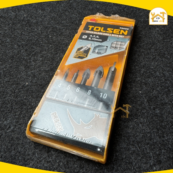 Bộ 5 mũi khoan kính kích thước 4,5,6,8,10mm Tolsen 75688 , chất liệu thép Carbon #45- Hàng chính hãng.