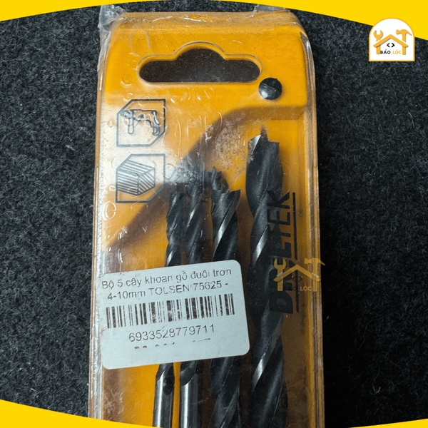 Bộ 5 mũi khoan gỗ 4,5,6,8,10mm TOLSEN 75625, chât liệu Thép Carbon đánh bóng đen - Hàng chính hãng.