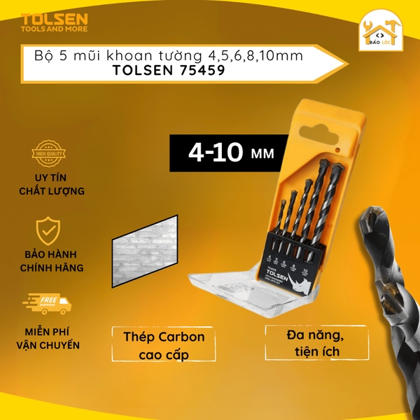 Bộ khoan tường 5 cây kích cỡ 4,5,6,8,10mm Tolsen 75459, chất liệu thép hợp kim mạ crom - Hàng chính hãng.