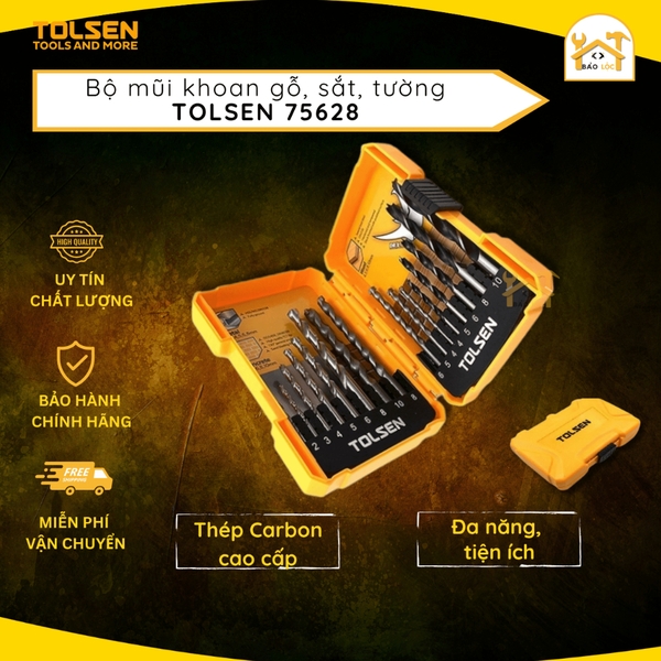 Bộ 16 mũi khoan đa năng TOLSEN 75628, hợp kim thép cứng chắc, khoan thép, gỗ, đá hoa cương, bê tông