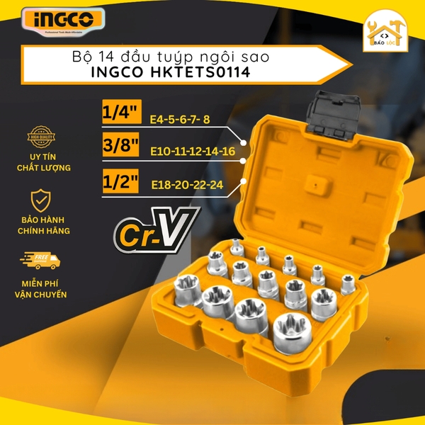 Bộ 14 tuyp ngôi sao INGCO HKTETS0114 sửa chữa, lắp đặt, vặn siết hoặc mở bu lông, đai ốc, chất liệu thép Cr-V xử lý nhiệ