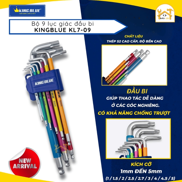 Bộ 9 lục giác KL7-09 Kingblue đầu bi nhiều màu sắc - Thép S2 cao cấp bền bỉ.
