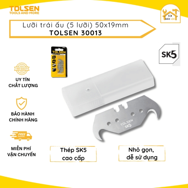 Hộp 5 lưỡi rọc cáp mỏ cong, lưỡi rọc giấy trái ấu 50x19mm Tolsen 30013, Thép SK5 bền bỉ, sắc bén - Hàng chính hã