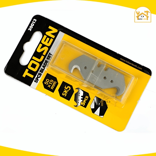 Hộp 5 lưỡi rọc cáp mỏ cong, lưỡi rọc giấy trái ấu 50x19mm Tolsen 30013, Thép SK5 bền bỉ, sắc bén - Hàng chính hã