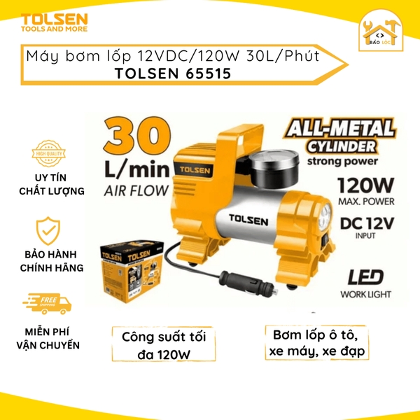 Máy bơm lốp xe 12V mini, 120W 30L/phút Tolsen 65515 - Hàng chính hãng.