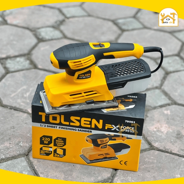 Máy chà nhám cầm tay 220W TOLSEN 79564, tần số quỹ đạo 13.000rpm, chà nhám vách thạch cao, trần nhà - Hàng chính hãng.