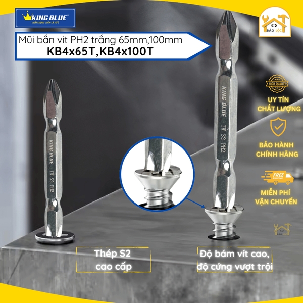 Mũi bắn vít bake PH2 65mm, 100mm KingBlue KB4x65T, KB4x100T  Mũi siết vít, bắt vít 2 đầu chất liệu thép S2 cao cấp, màu