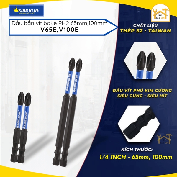 Mũi bắn vít bake PH2 KingBlue V65E/ V100E Đầu vít lục giác dài 65 - 100mm, chất liệu thép S2 Mũi bắt vít có từ tính