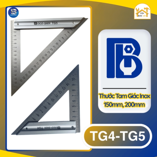 Thước ê ke, thước tam giác inox 150mm 200mm BOGO-SHIN TG4, TG5, thước góc tam giác đo đạc