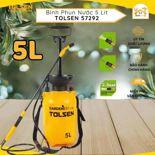 Bình phun thuốc, phun sương cao cấp 5 lít Tolsen 57292, Nhựa PE cao cấp, tích hợp dây đeo vai, ống dẫn nước có phễu, áp