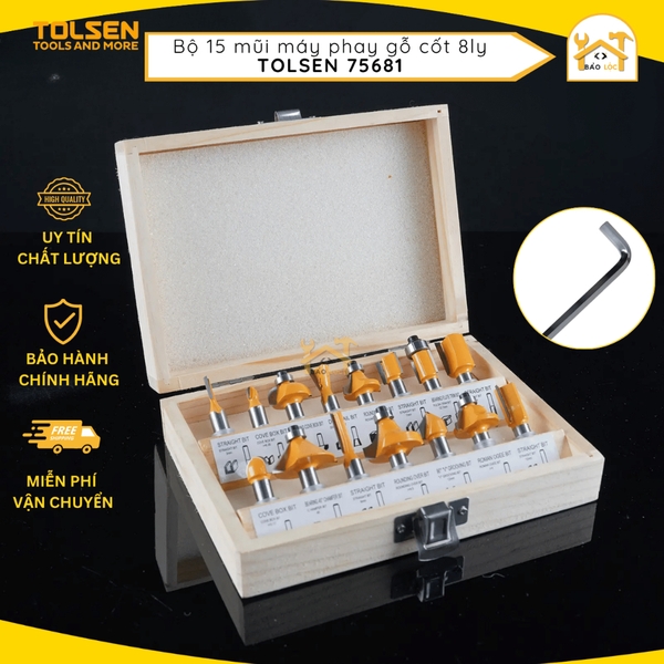 Bộ 15 mũi đánh phay gỗ Router 8mm Tolsen 75681 - Hàng chính hãng