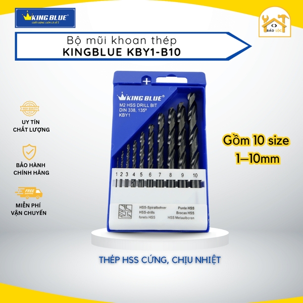 Bộ Mũi Khoan Thép KingBlue KBY1-B10 Thép HSS Kích Thước Từ 1mm Đến 10mm (Hộp 10 Cái)