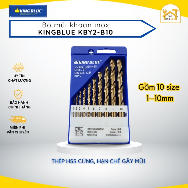 Bộ mũi khoan inox Kingblue KBY2-B10 Thép HSS Kích Thước Từ 1mm Đến 10mm (Hộp 10 Cái)