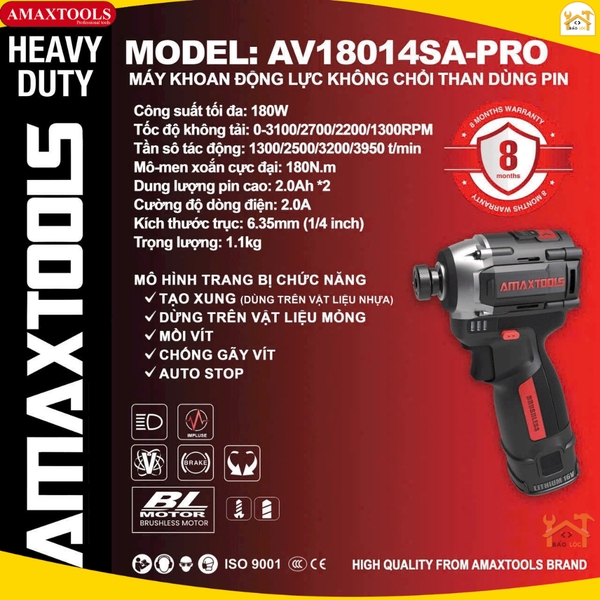 Máy chuyên vít có búa dùng pin 16v Amaxtools AV18014SA-PRO ( Combo 2 pin, 1 sạc ) - Hàng chính hãng.
