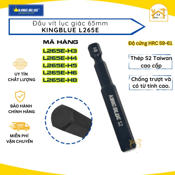 Đầu vít lục giác 65mm KingBlue L265E, Chất liệu: Thép S2 Taiwan cao cấp, chống trượt và có từ tính cao