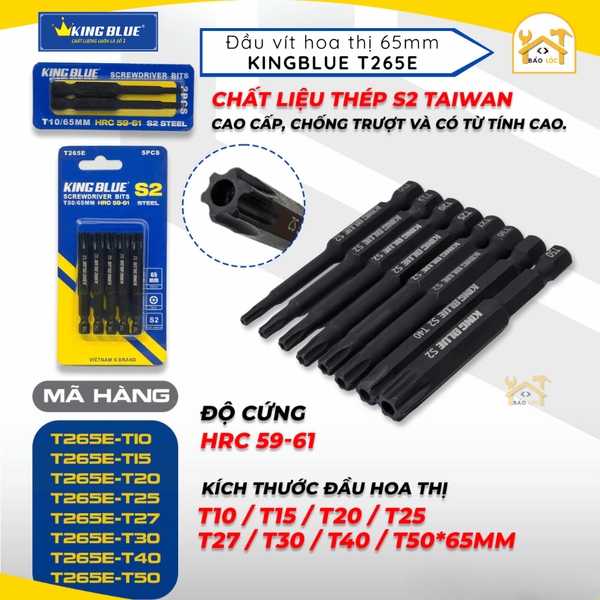 Đầu vít hoa thị 65mm KingBlue T265E, Chất liệu: Thép S2 Taiwan cao cấp, chống trượt và có từ tính cao