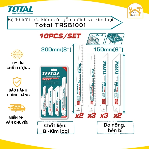 Bộ 10 lưỡi cưa kiếm cắt gỗ có đinh và kim loại TRSB1001 Total - Hàng chính hãng.