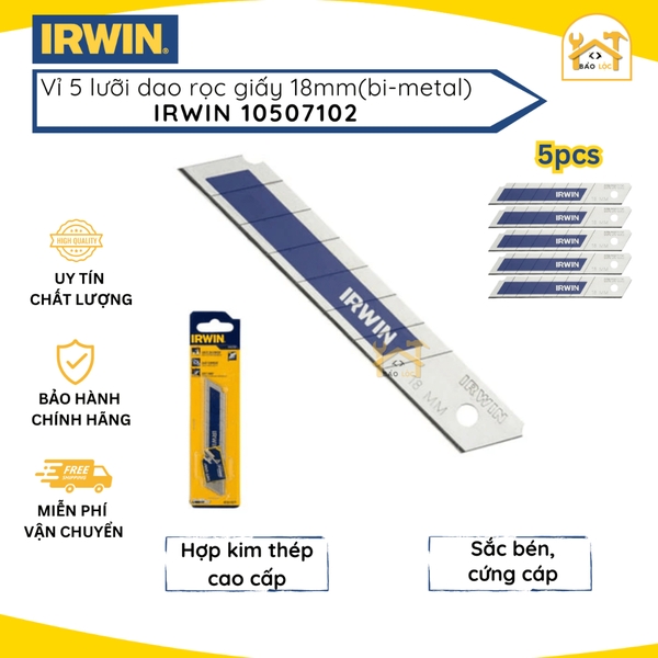 Vỉ 5 lưỡi rọc giấy cao cấp 18mm bi-metal Irwin 10507102 - Hàng chính hãng.