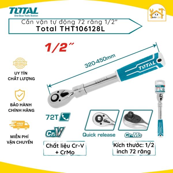 Cần siết tự động 2 chiều 1/2 inch độ dài điều chỉnh được 320-450mm TOTAL THT106128L - Hàng chính hãng.