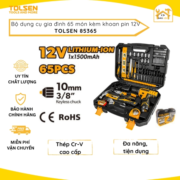 Bộ đồ nghề dụng cụ gia đình 65 món bao gồm 1 máy khoan pin 12V Tolsen 85365 - Hàng chính hãng