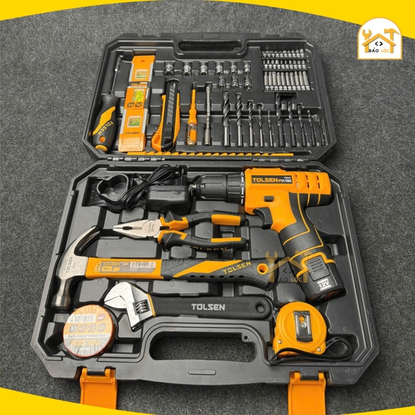 Bộ đồ nghề dụng cụ gia đình 65 món bao gồm 1 máy khoan pin 12V Tolsen 85365 - Hàng chính hãng