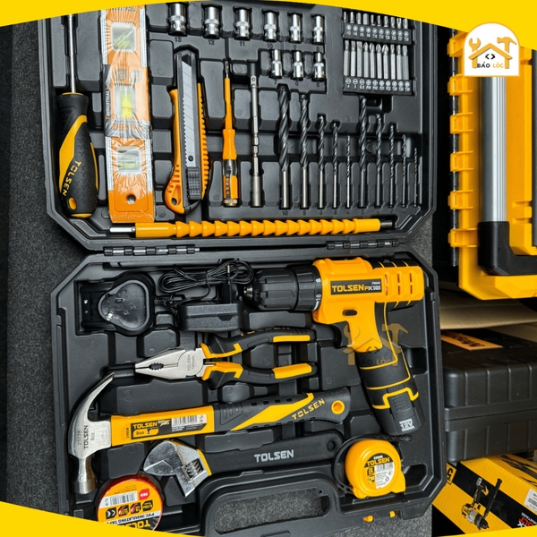 Bộ đồ nghề dụng cụ gia đình 65 món bao gồm 1 máy khoan pin 12V Tolsen 85365 - Hàng chính hãng