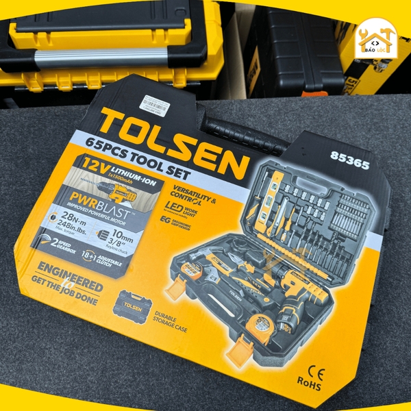 Bộ đồ nghề dụng cụ gia đình 65 món bao gồm 1 máy khoan pin 12V Tolsen 85365 - Hàng chính hãng