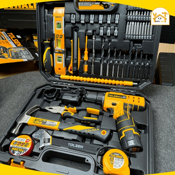 Bộ đồ nghề dụng cụ gia đình 65 món bao gồm 1 máy khoan pin 12V Tolsen 85365 - Hàng chính hãng