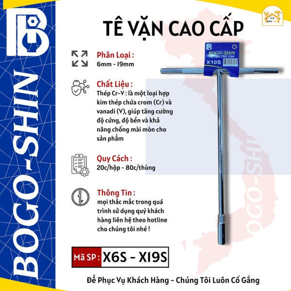 Tê vặn cao cấp BOGO - SHIN thép CR-V cứng cáp, cần chữ T vặn ốc, bu lông,