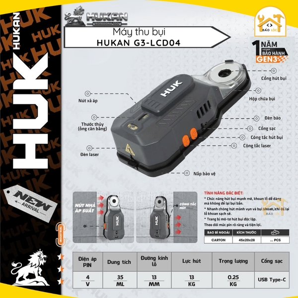 Máy thu bụi Hukan G3-LCD04,Dung tích 35ml,Điên áp Pin 4V,Lực hút 13kg