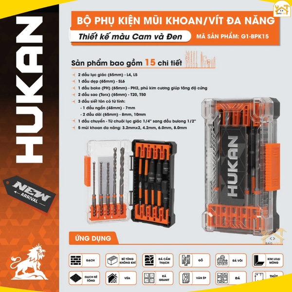 Bộ phụ kiện mũi khoan và vít đa năng HUKAN G1-BPK015, Sản phẩm gồm 15 chi tiết - Hàng chính hãng.