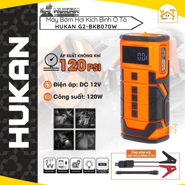 Máy bơm hơi kích bình ô tô pin HUKAN G2-BKB070W, Áp suất 120psi, Công suất 120w, Điện áp DC 12v
