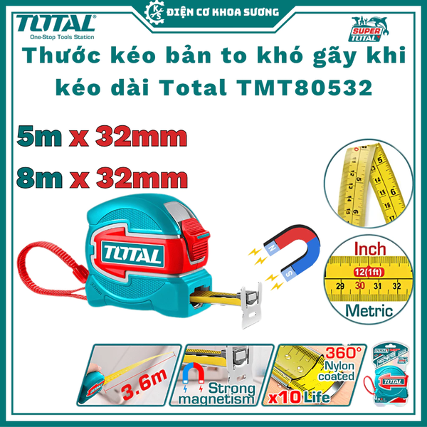 Thước kéo thép nền vàng bản to 5m x 32mm, 8m x 32mm Total