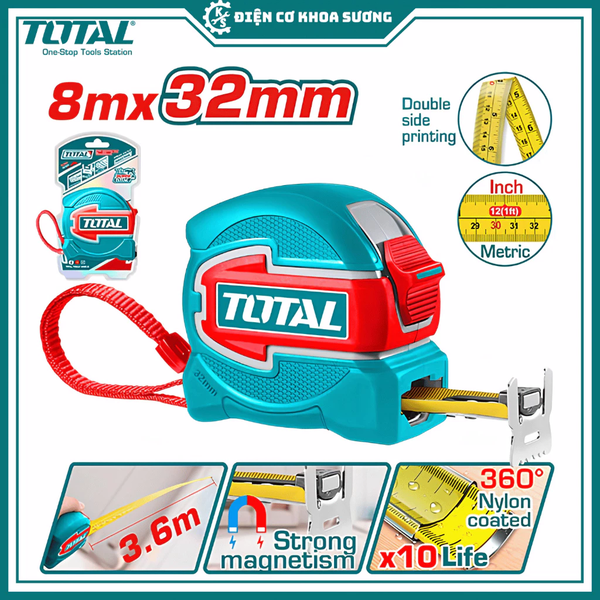 Thước kéo thép nền vàng bản to 5m x 32mm, 8m x 32mm Total