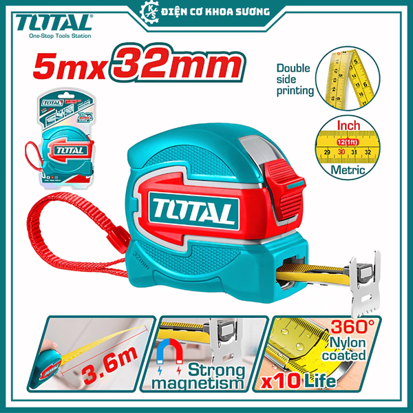 Thước kéo thép nền vàng bản to 5m x 32mm, 8m x 32mm Total
