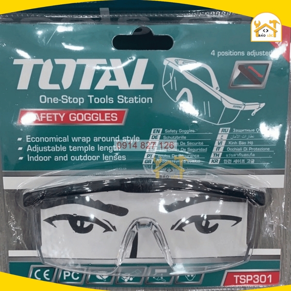 Kính bảo hộ lao động Total TSP301,Chất liệu Polycarbonate siêu nhẹ, Hấp thụ 99, 9% tia cực tím - Hàng chính hãng.