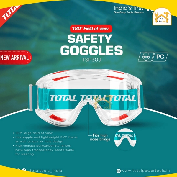 Kính bảo hộ TOTAL TSP309 Tầm nhìn rộng 180° độ trong suốt cao, thoải mái khi đeo - Hàng chính hãng